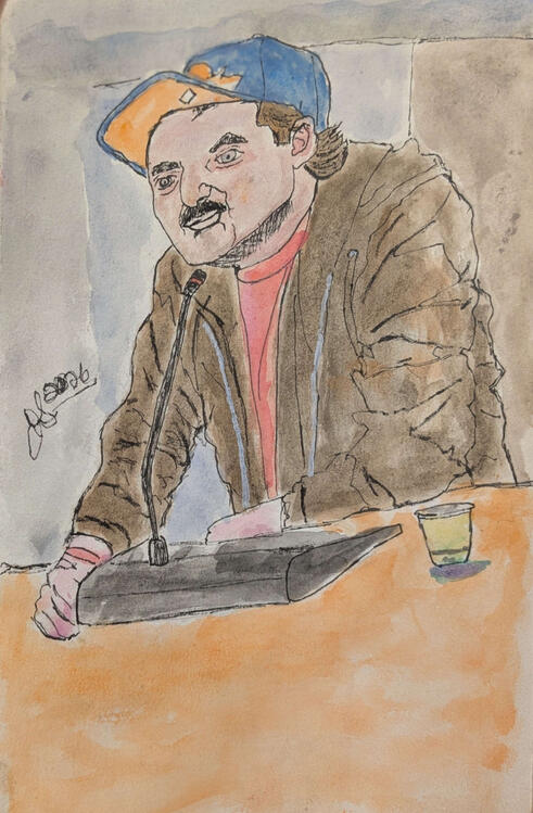 A journalist wearing a Knicks cap speaks at an MTA hearing ca. April 2026. Pencil, ink, and watercolor.