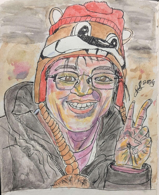 My friend Angela in Philadephia, PA 2025 posing with the peace sign. Done in 2026. Pencil, ink, and watercolor on watercolor paper.