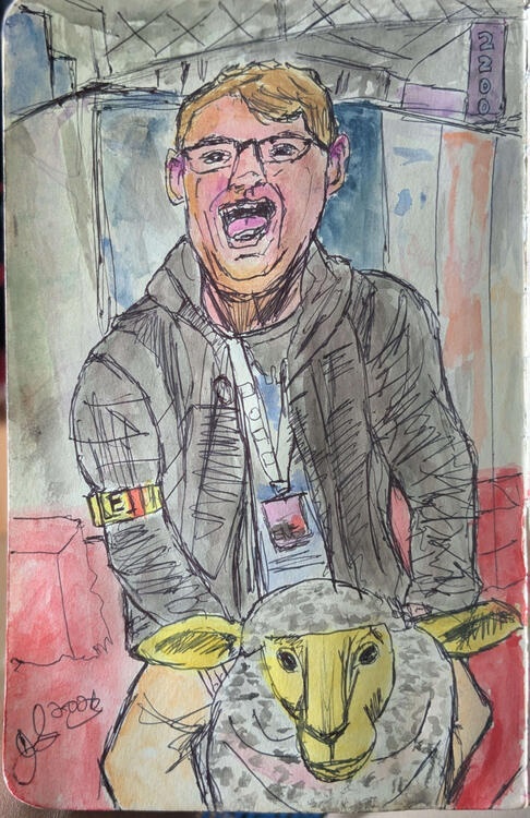 My friend Austin poses with excitement on a a fake sheep at PAX Unplugged 2025. my friend Angela in Philadephia, PA 2025 posing with the peace sign. Done in 2026. Pencil, ink, and watercolor on watercolor paper.