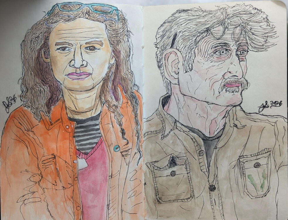 Portraits of Sophia Michahelles (left) and Alex Kahn (right) who form Processional Arts Workshop AKA two of my greatest teachers.