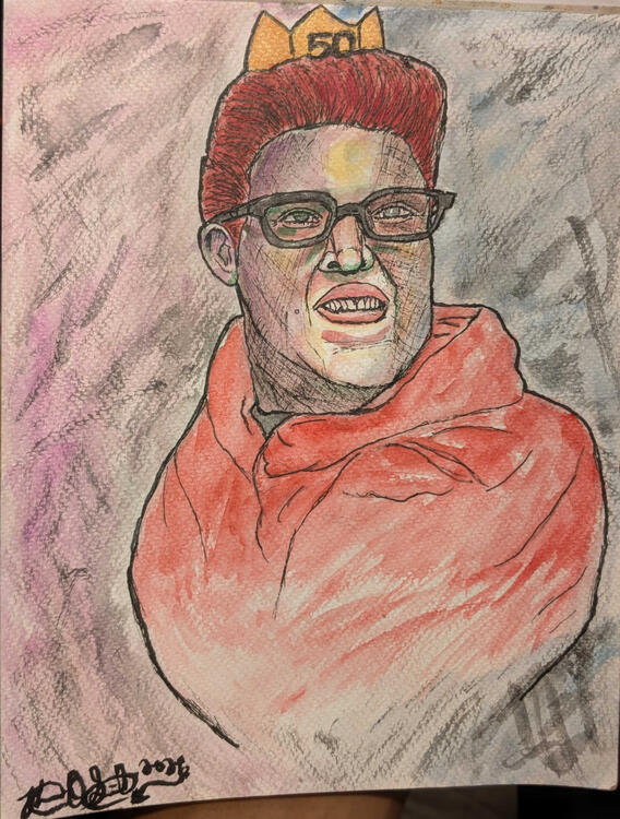 One of my mentors Michelle Manning smiles as she wears a crown that has the numbers 50 on it. 2026. Pencil, ink, and watercolor on watercolor paper. 8x10.