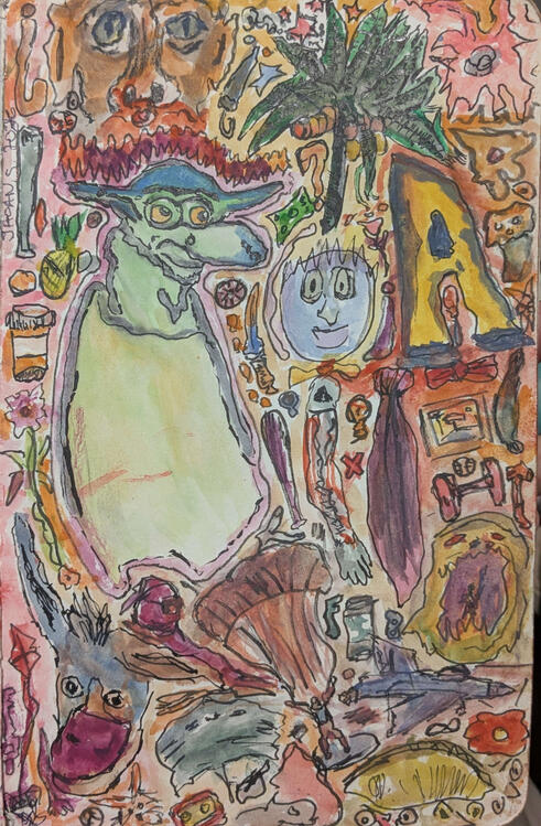 A page filled with various doodles and creatures