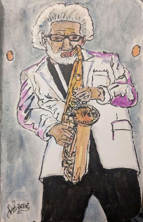 The late jazz legend Sonny Rollins performs on stage with a saxophone ca. 2024. Pencil, ink, and watercolor on watercolor paper.