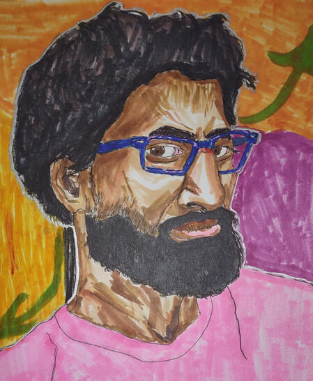 Self-Portrait with a beard. Pencil, ink, and marker on paper